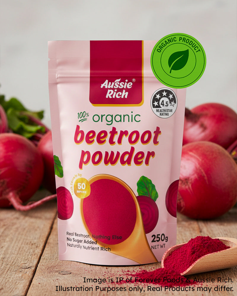 Aussie Rich organic beetroot powder package with beetroot ingredients on a wooden surface