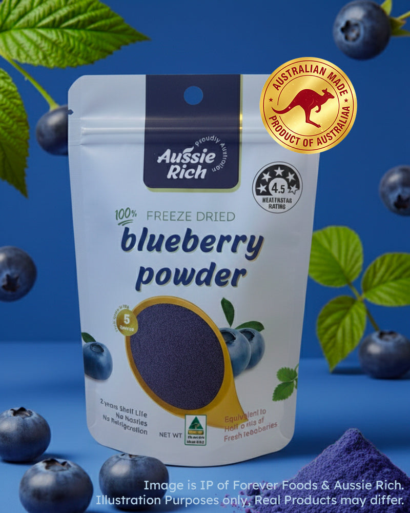Aussie Rich blueberry powder freeze-dried in a package with blueberries around on a blue background