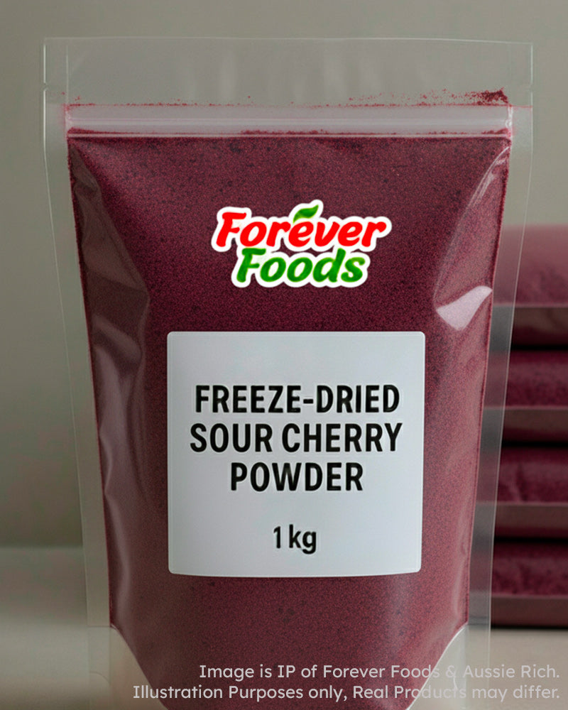 Bag of freeze-dried sour cherry powder with Forever Foods branding on a neutral background