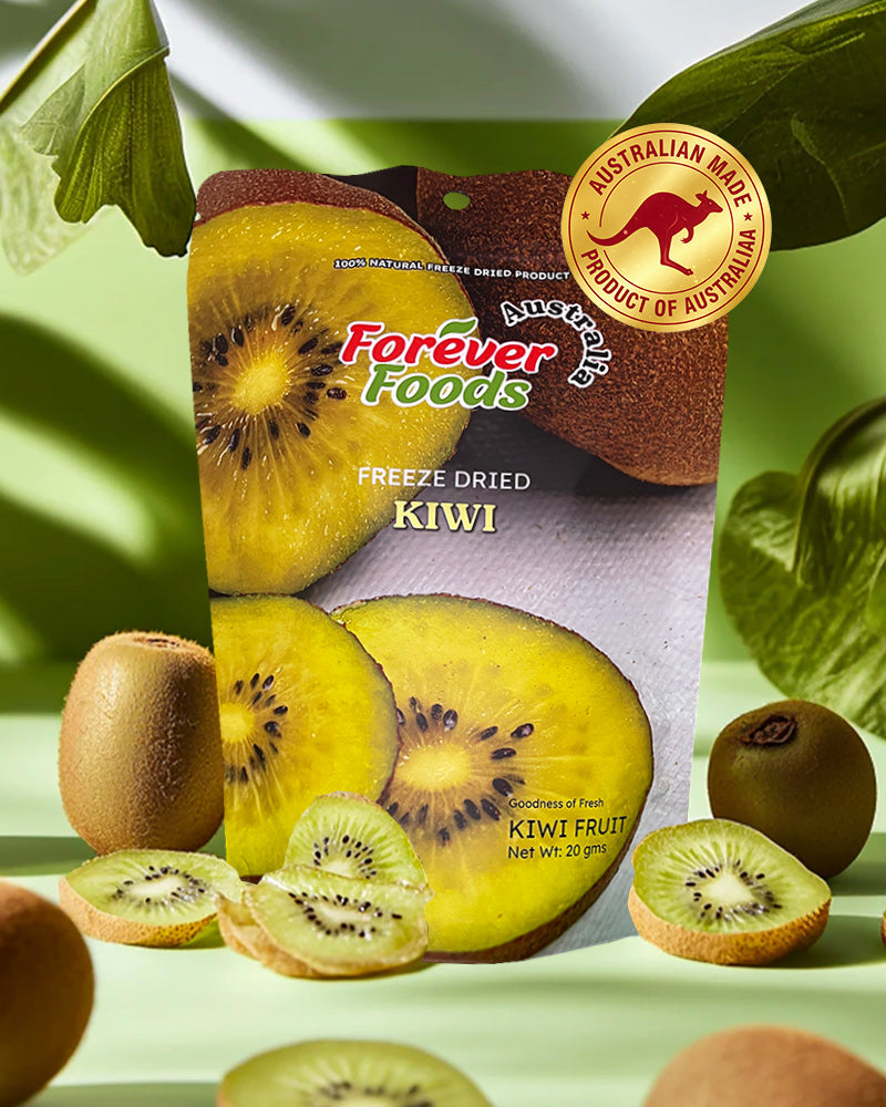 freeze-dried kiwi with 'Forever Foods' branding on a green background