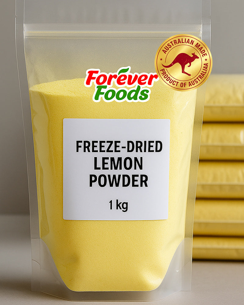 Packaging of freeze-dried lemon powder by Forever Foods with a clear background.