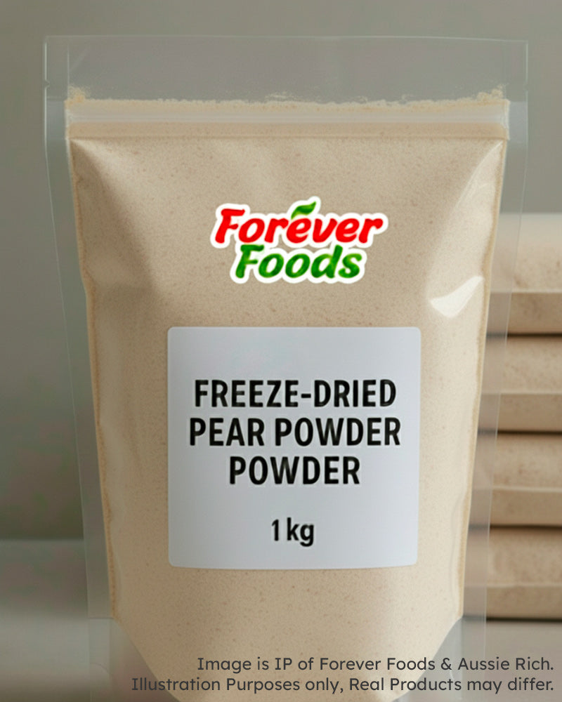 Bag of freeze-dried pear powder with Forever Foods AND AUSSIE RICH branding on a clear background