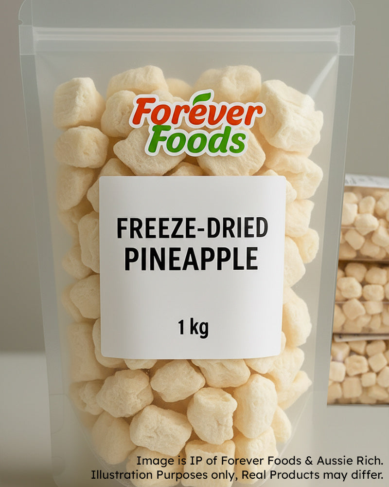 Packaged freeze-dried pineapple with 'Forever Foods' branding on a white background