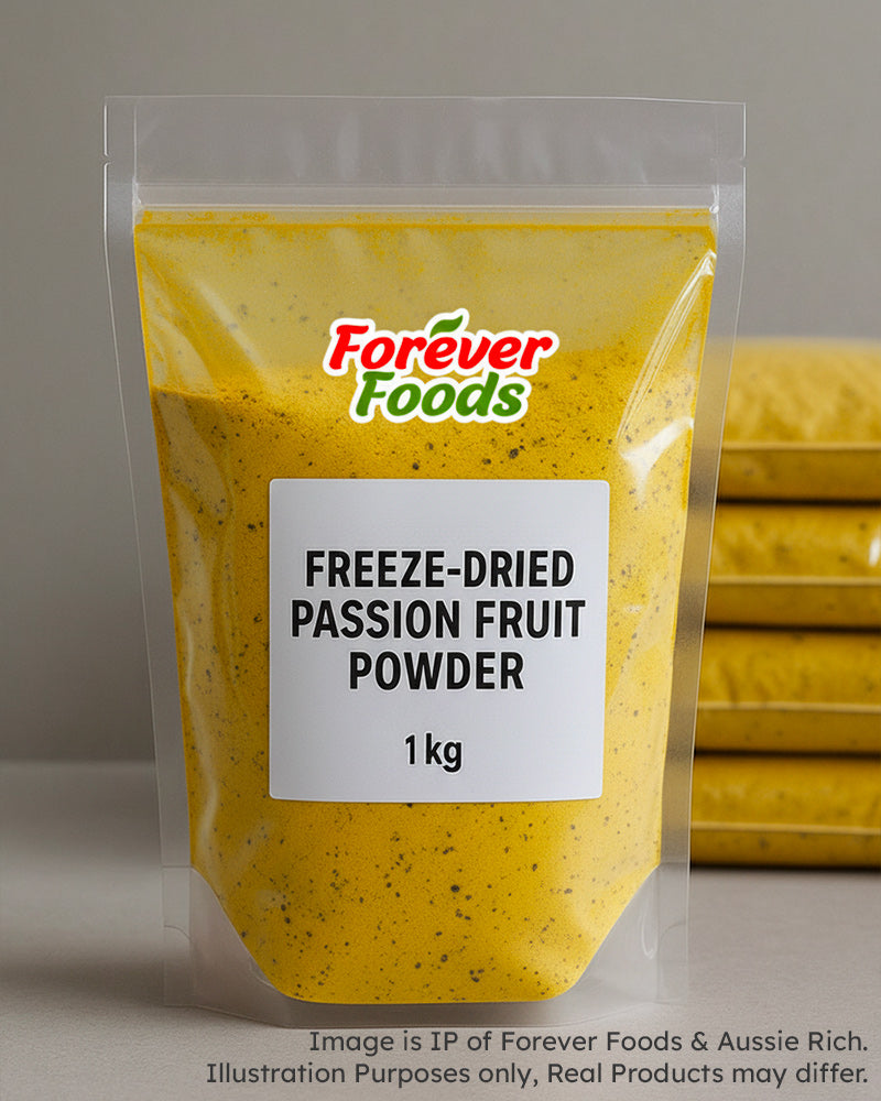 Packaging of Forever Foods freeze-dried passion fruit powder on a gray background