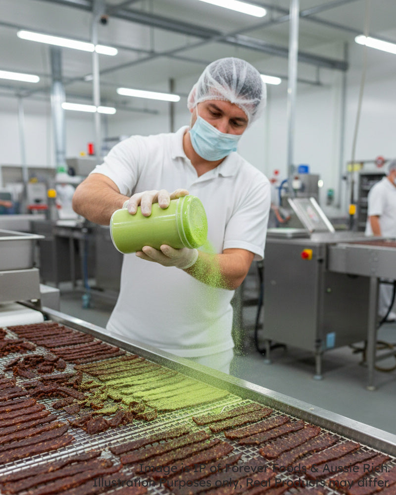 Person in a food processing facility sprinkling freeze dried lime powder on Jerky in Australia