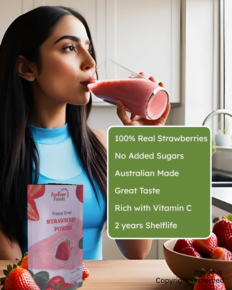 Girl Having Freeze Dried Strawberry Powder after workout in blue dress in Australia
