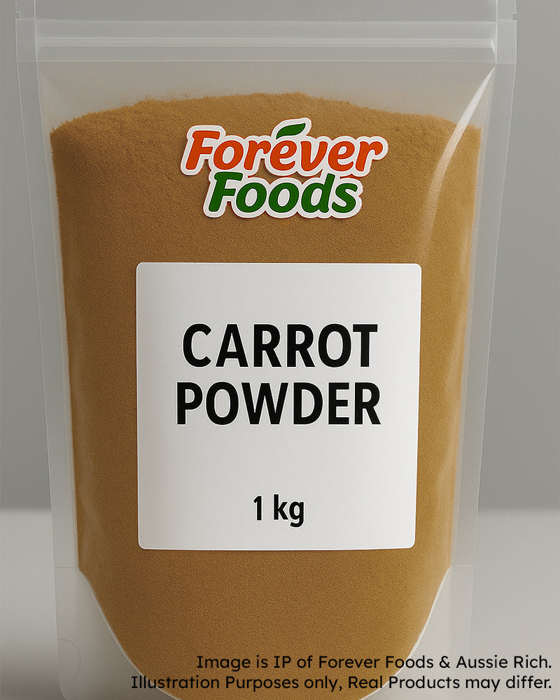 Bag of carrot powder from Aussie Rich with a white label on a gray background