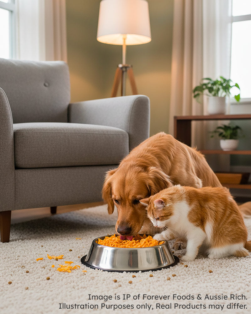Pets enjoying Freeze Dried Pumpkin in Australian Modern living room.