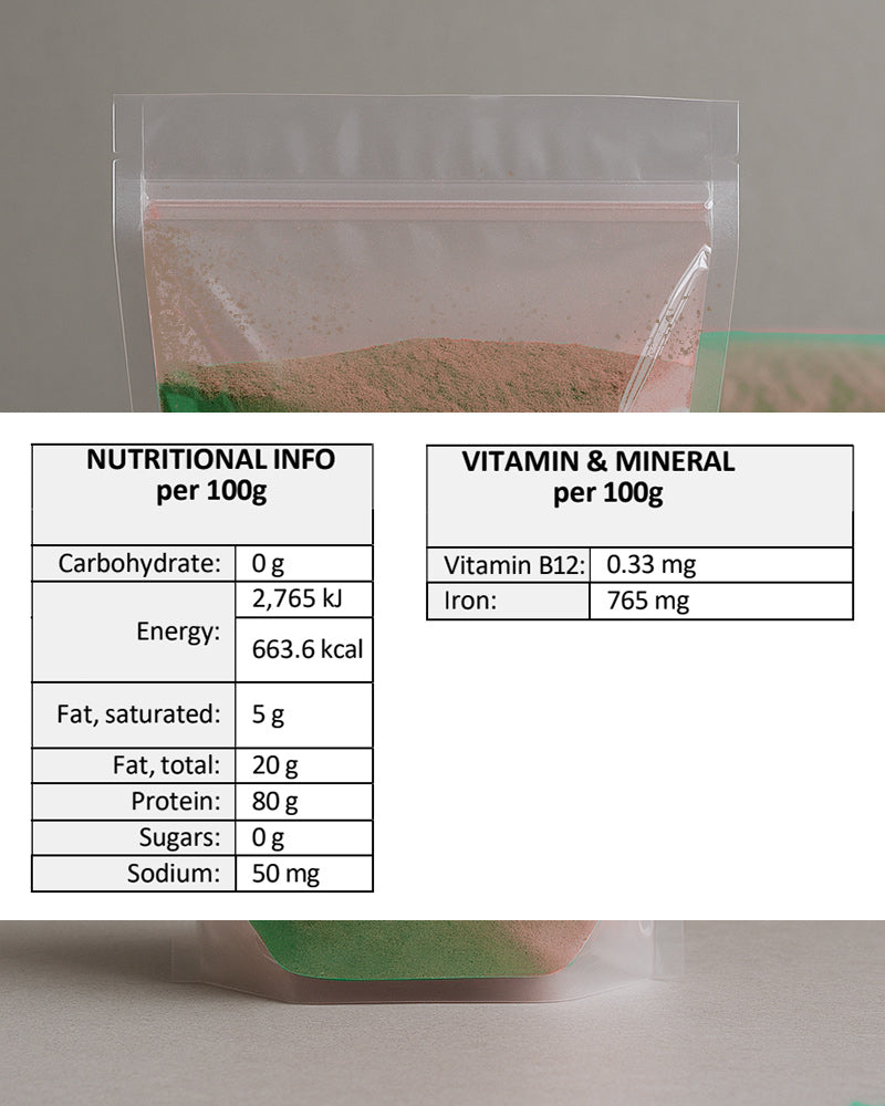 Clear plastic bag of Beef Spleen Powder and nutritional information label on a gray background