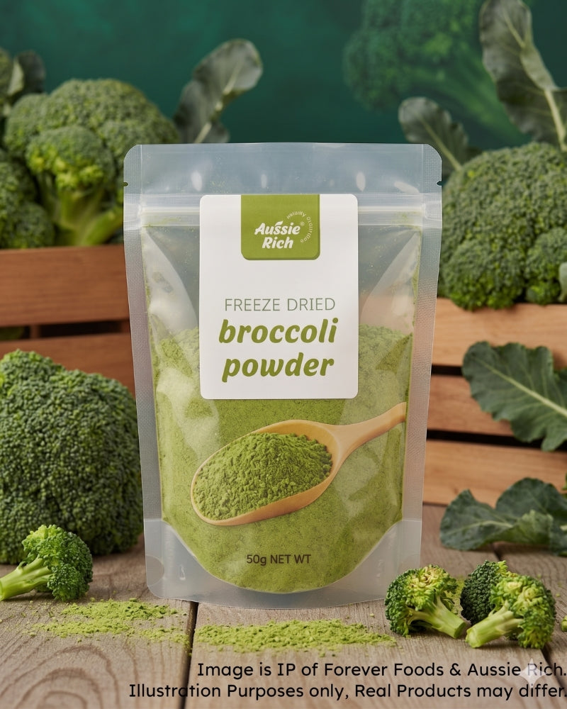 A stand-up pouch of Aussie Rich Freeze Dried Broccoli Powder, surrounded by fresh broccoli florets and green leaves on a wooden surface, with a dark green background.
