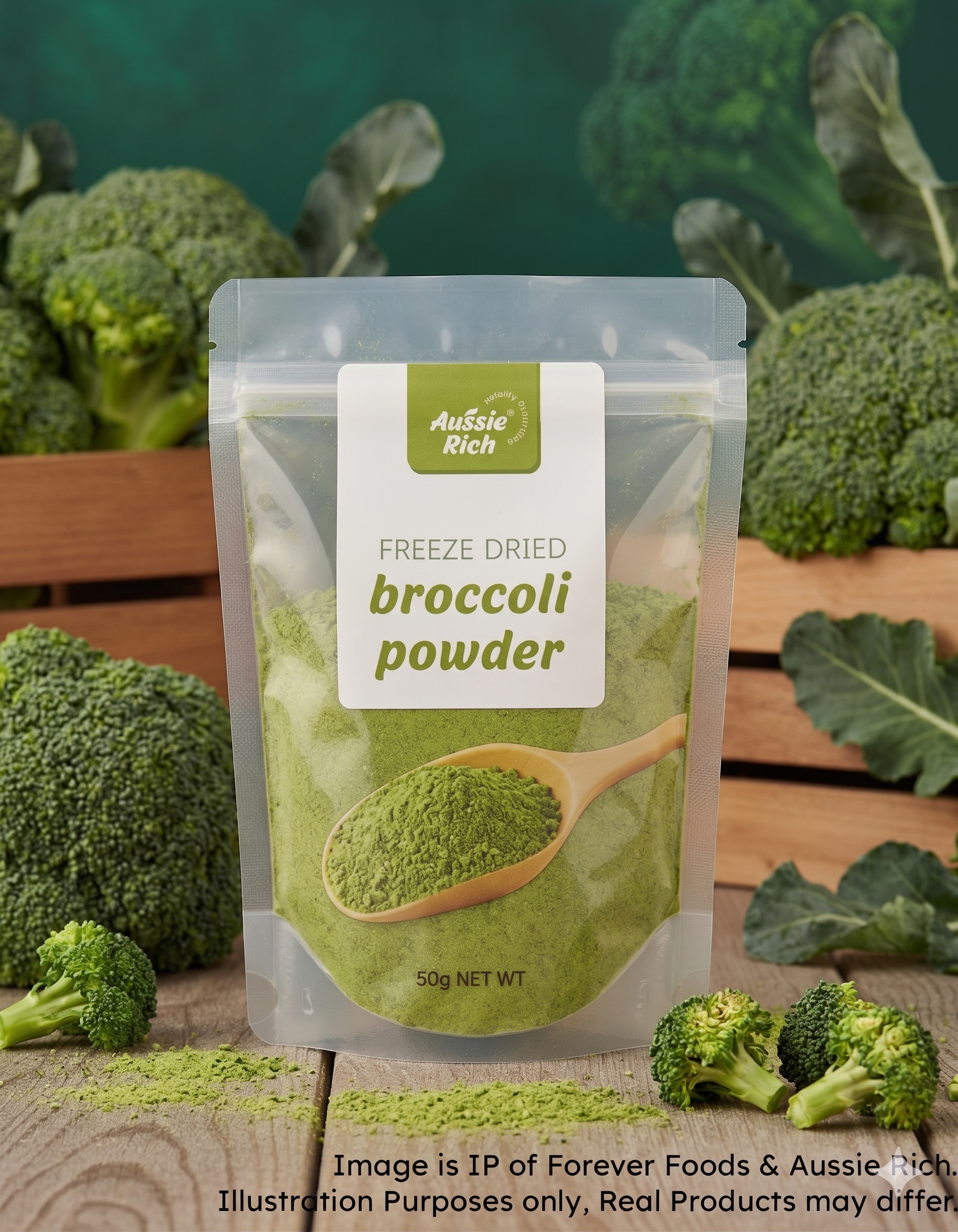 A stand-up pouch of Aussie Rich Freeze Dried Broccoli Powder, 50g net weight.