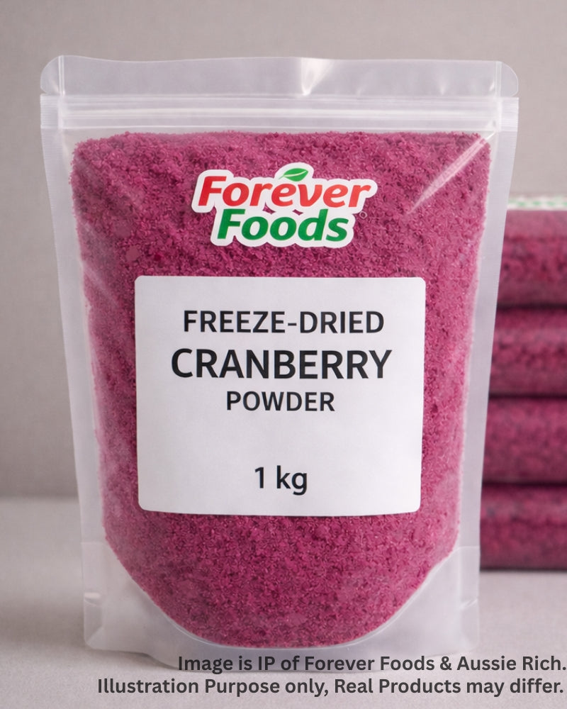 Bulk bag Freeze Dried Cranberry Powder in a clear bag in Australia