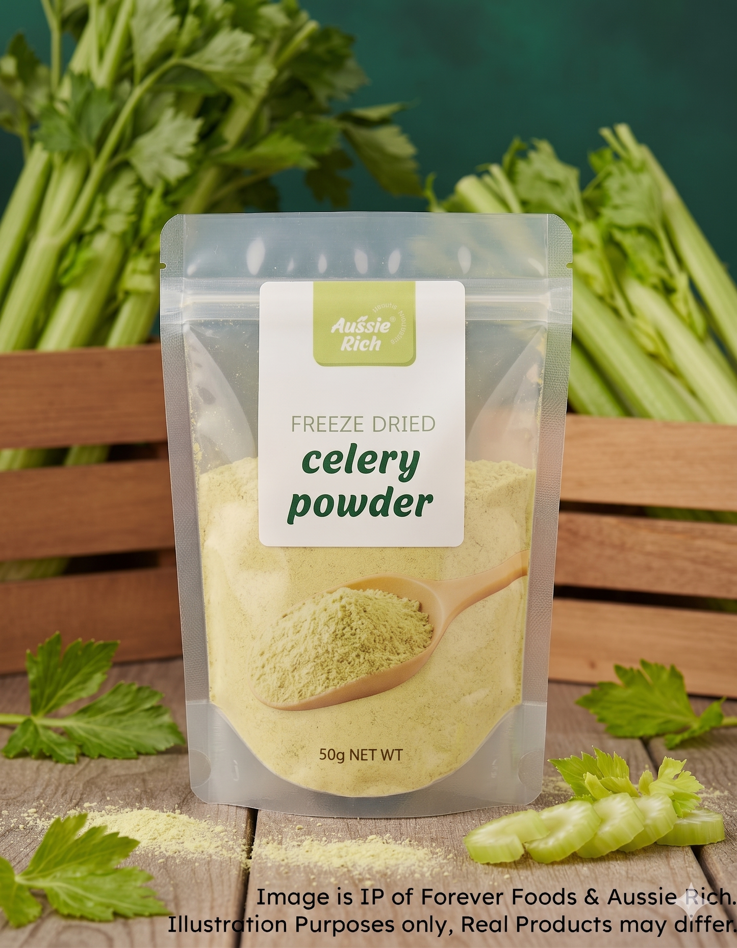 A 50g stand-up pouch of Aussie Rich Freeze Dried Celery Powder, displayed on a wooden surface with fresh celery stalks and leaves in the background.