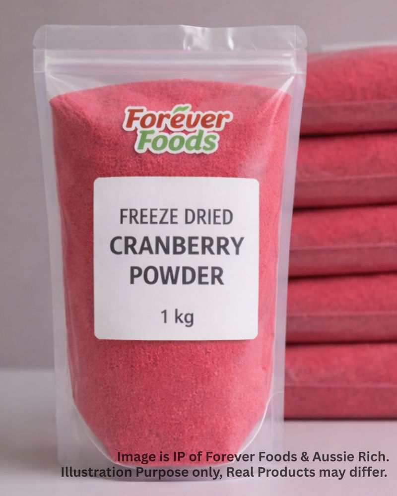 Packaging of freeze-dried cranberry powder with 'Forever Foods' branding.