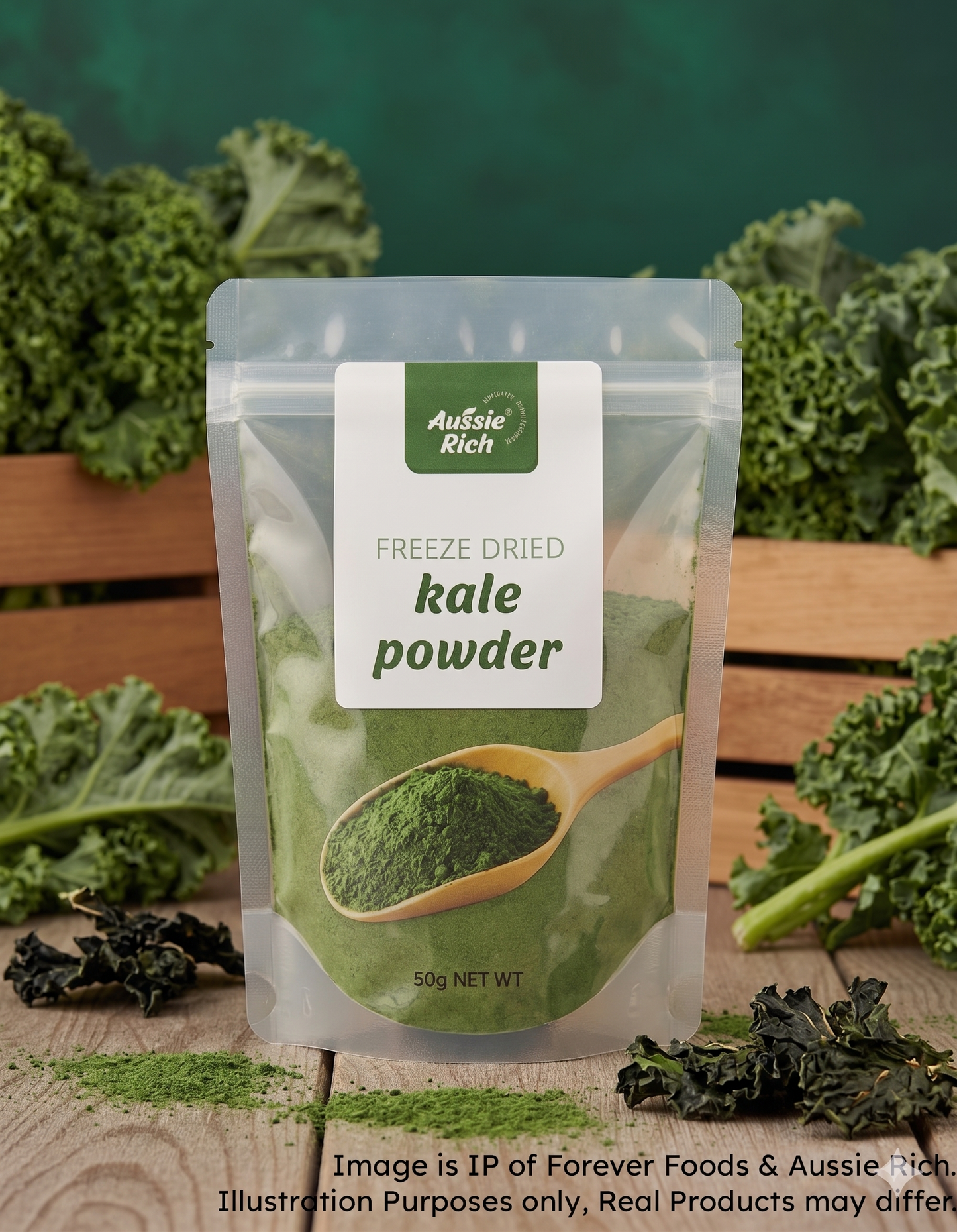 A stand-up pouch of Aussie Rich Freeze Dried Kale Powder, surrounded by fresh kale leaves.