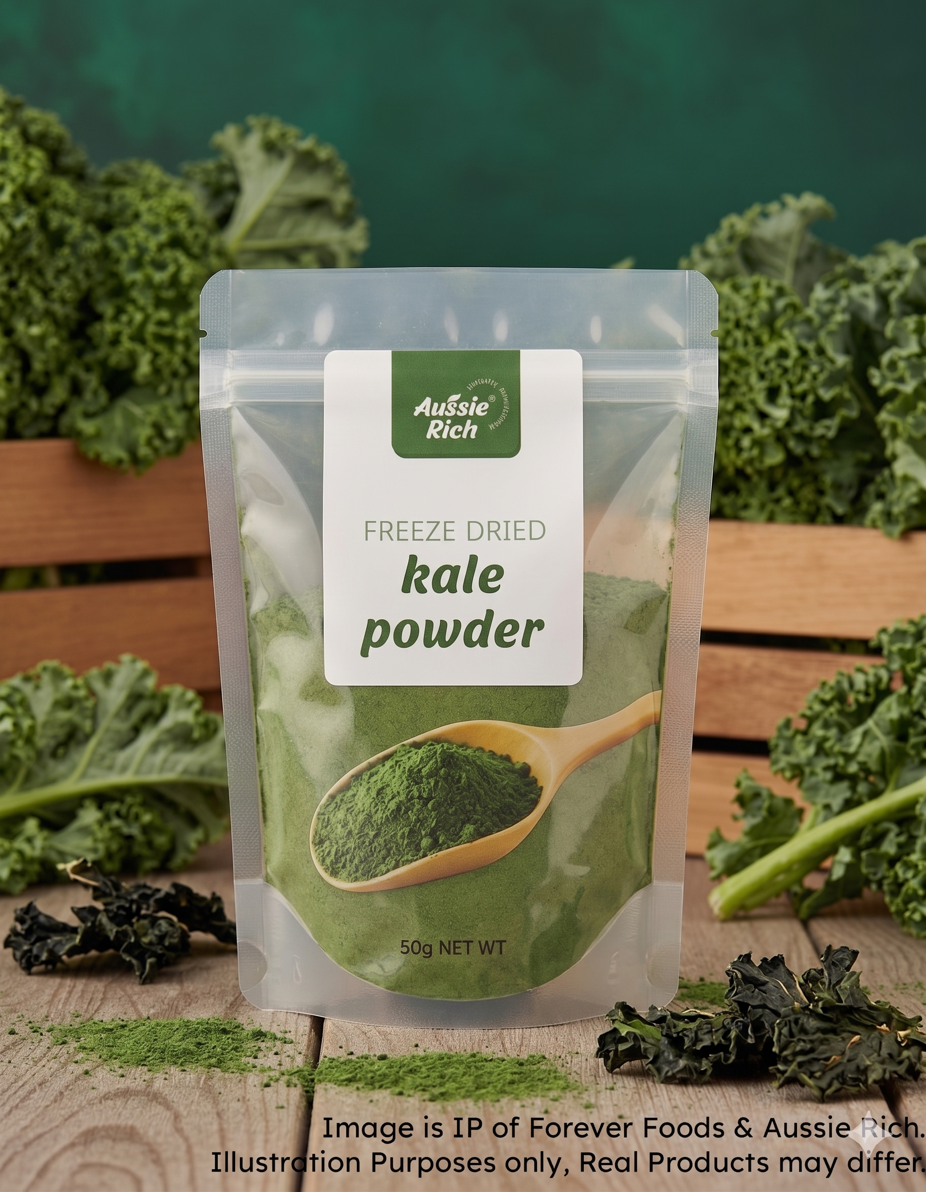A stand-up pouch of Aussie Rich Freeze Dried Kale Powder, surrounded by fresh kale leaves.