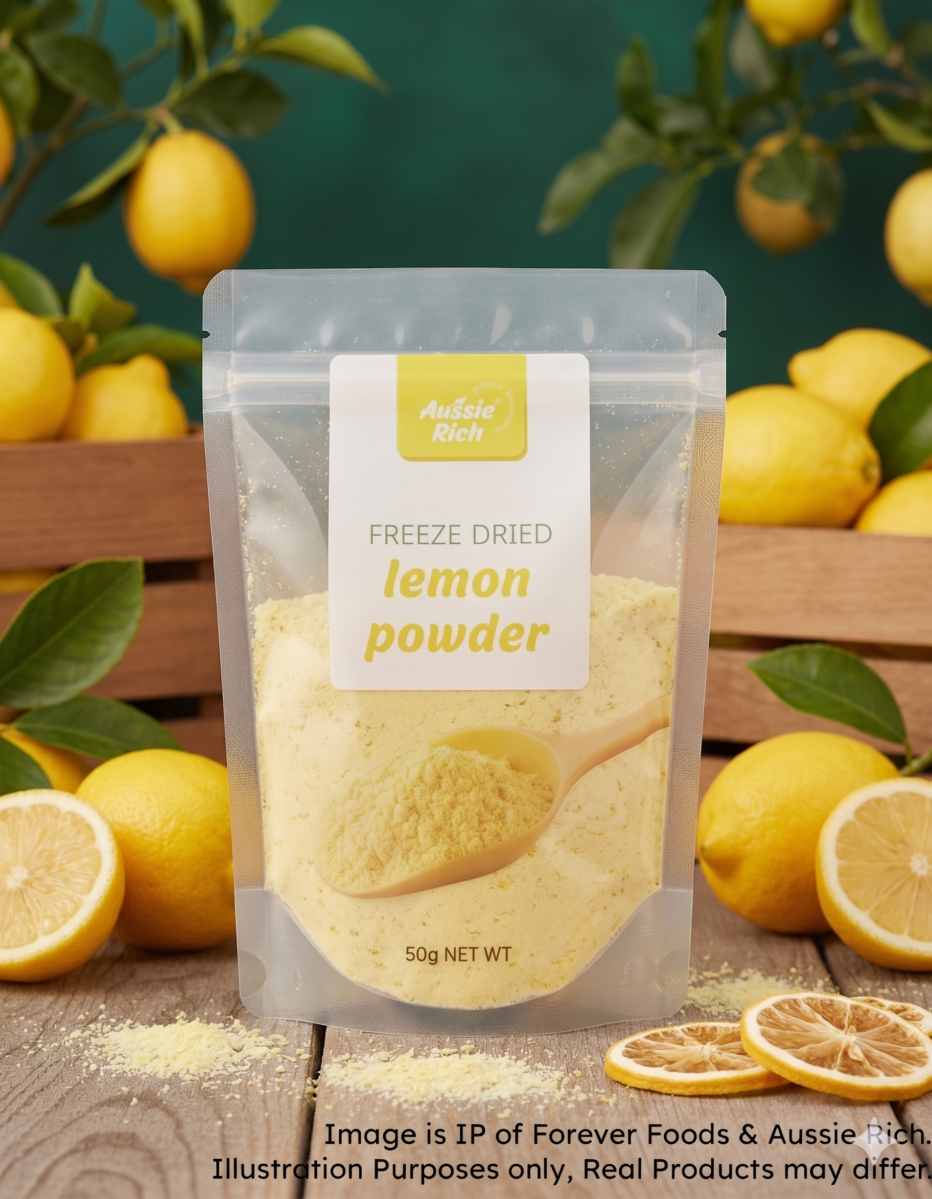 A stand-up pouch of Aussie Rich Freeze Dried Lemon Powder, surrounded by fresh lemons, lemon halves, and scattered powder on a wooden surface with a green background.