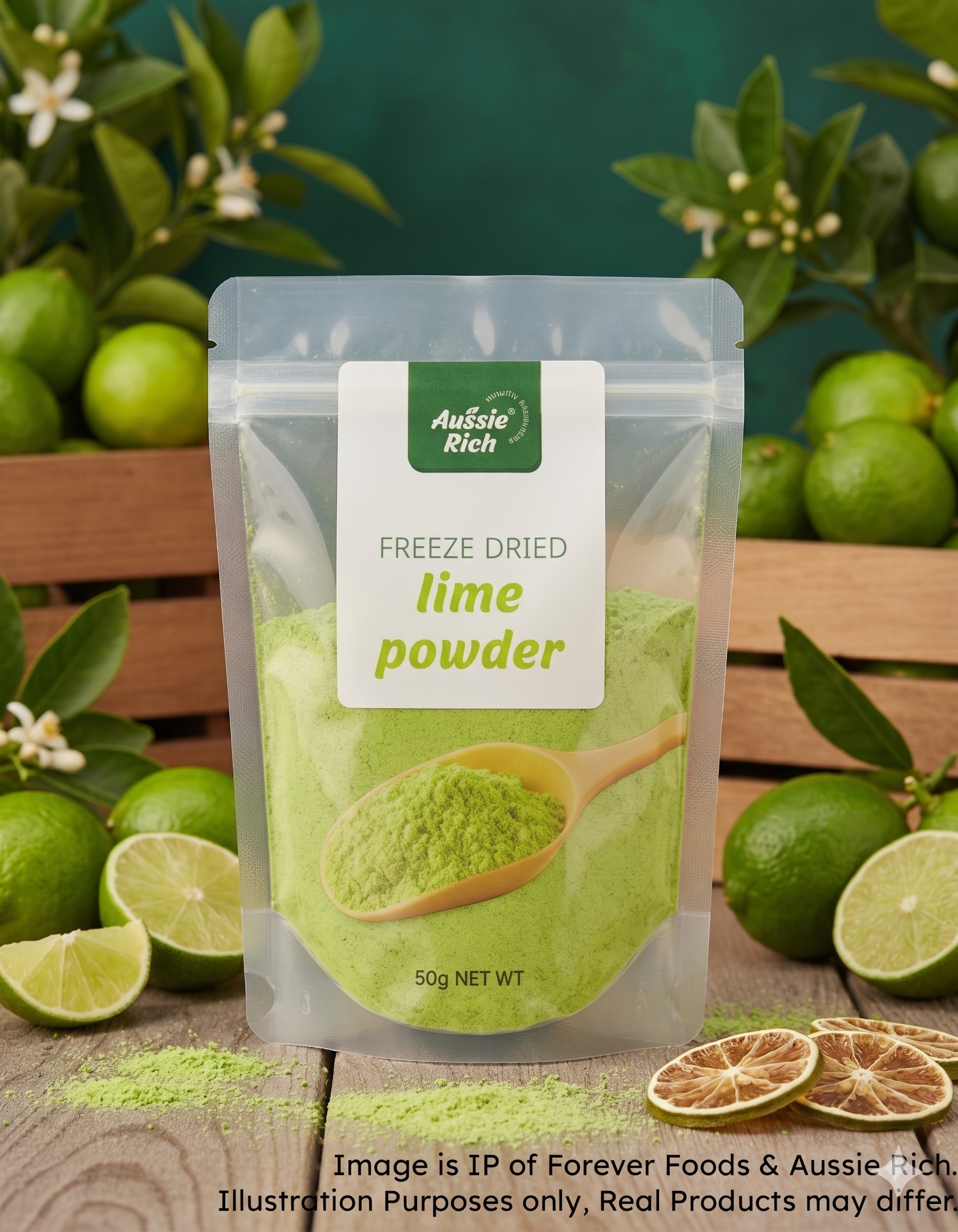 A stand-up pouch of Aussie Rich Freeze Dried lime powder, surrounded by fresh limes, lime slices, dried orange slices, and green leaves on a wooden surface.