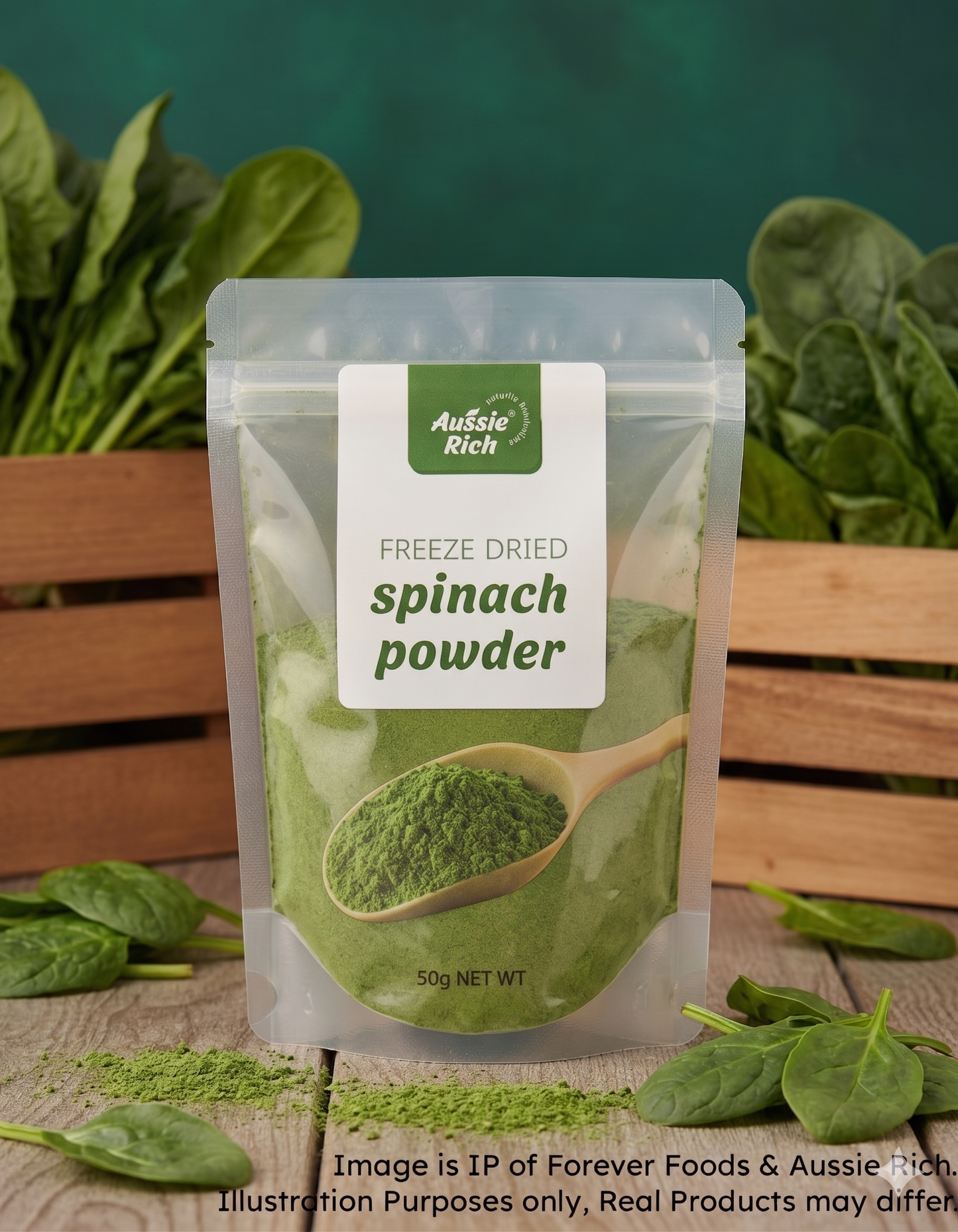 A stand-up pouch of Aussie Rich Freeze Dried Spinach Powder.