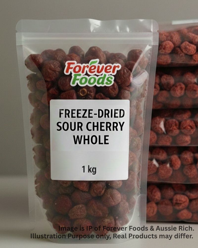 Pack of freeze-dried sour cherry whole by Forever Foods with a label indicating weight.