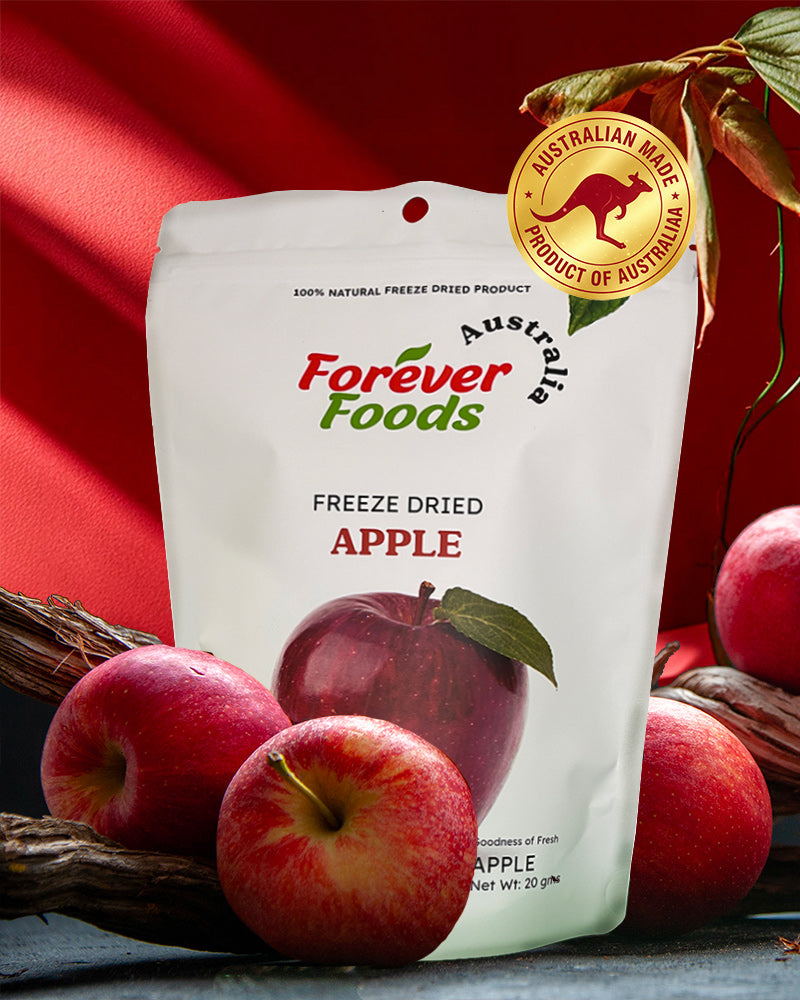 freeze dried apple made in australia package with apples and 'Australian Made' logo on a red background