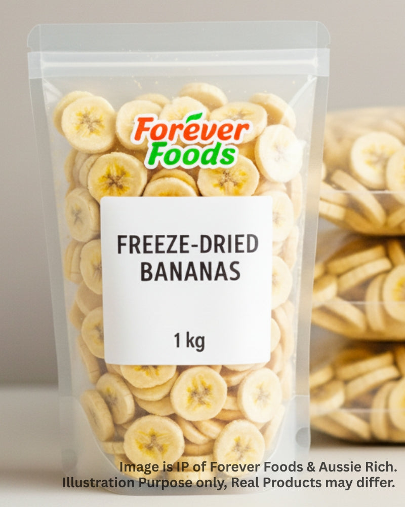 Packaged freeze-dried Banana with 'Forever Foods' branding on a white background