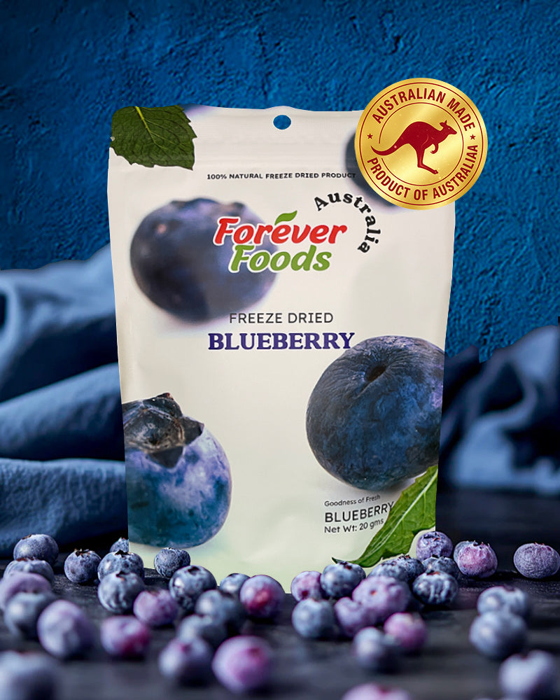 Packaging of Forever Foods freeze-dried blueberries with a blue background