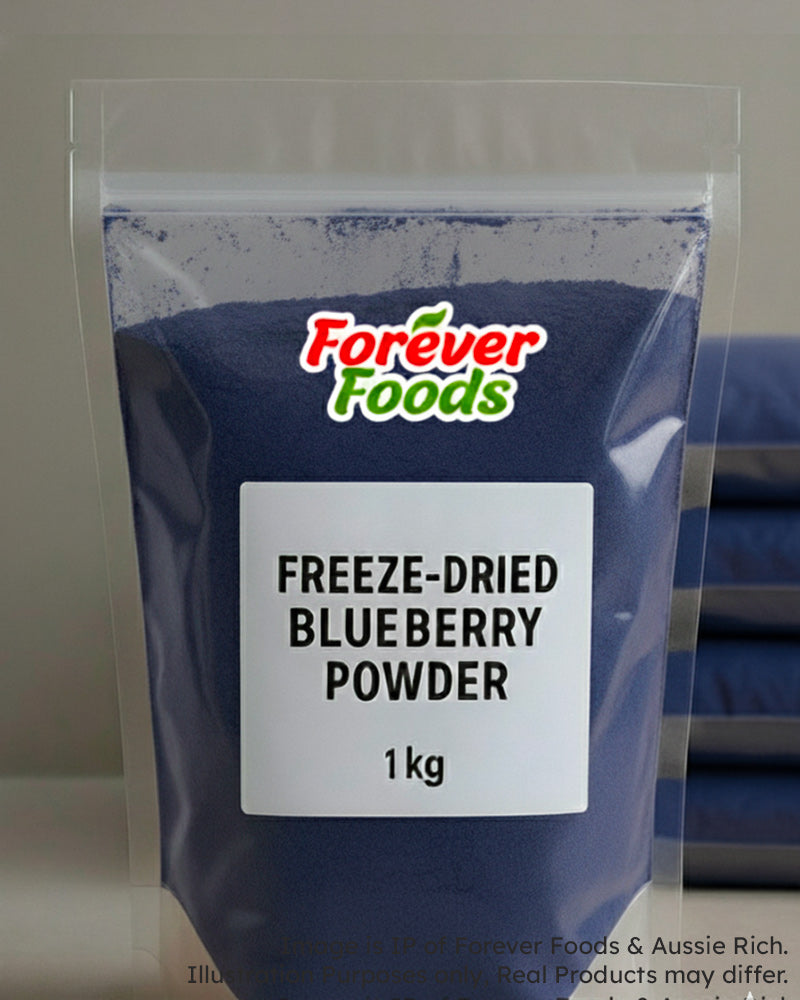 Bag of freeze-dried blueberry powder from Forever Foods with a clear background