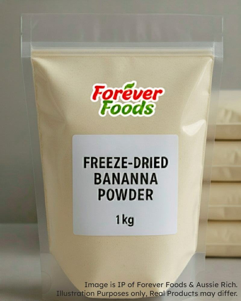 Bag of freeze-dried banana powder from Forever Foods and Aussie Rich on a white background