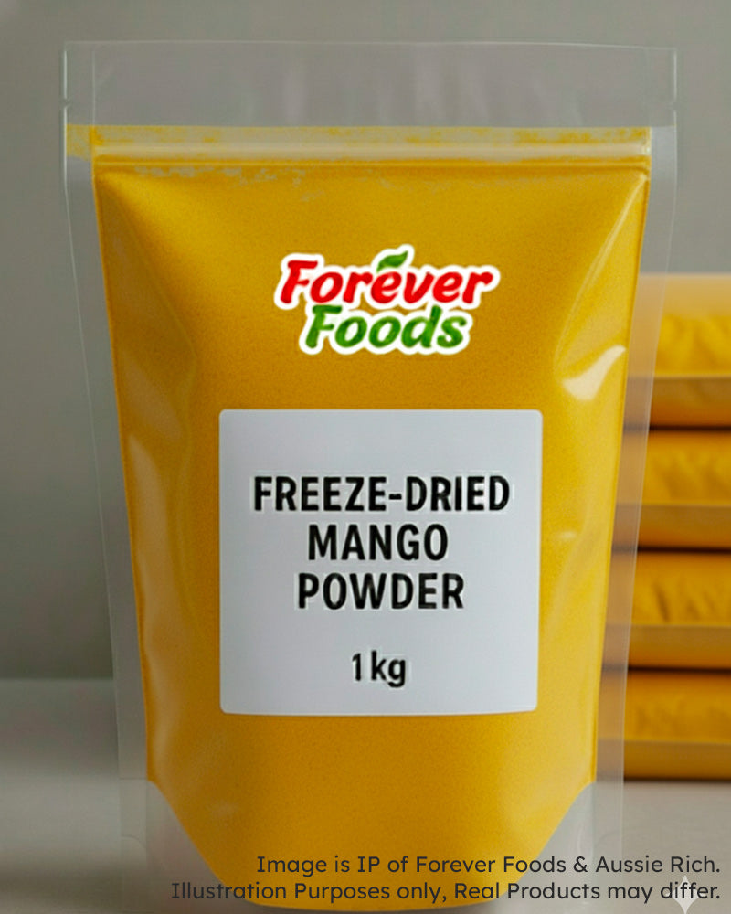 Mango powder from Aussie Rich in a clear bag from Australia