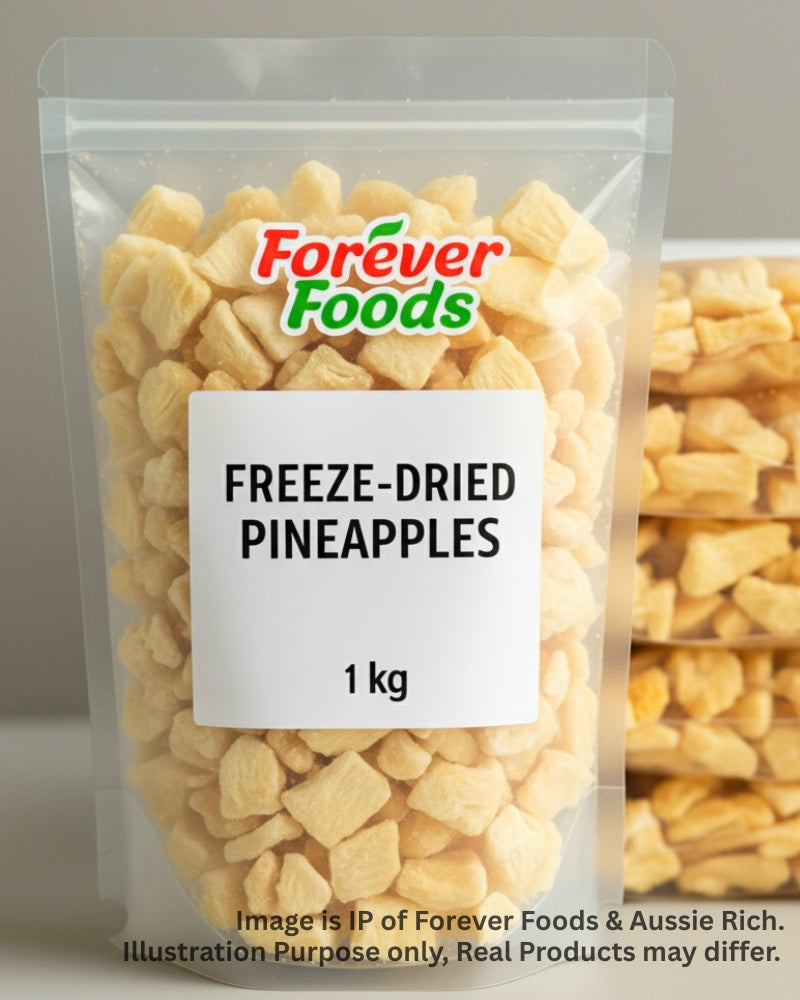 Packaged freeze-dried pineapples with 'Forever Foods' branding on a neutral background.