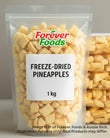 Packaged freeze-dried pineapples with 'Forever Foods' branding on a neutral background.