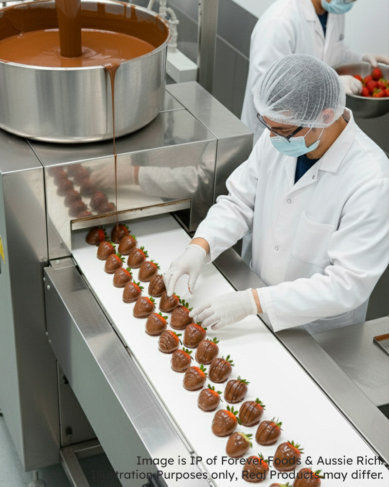 Chocolate-dipped strawberries being prepared in a factory of freeze dried strawberry setting with workers in white coats and hairnets.