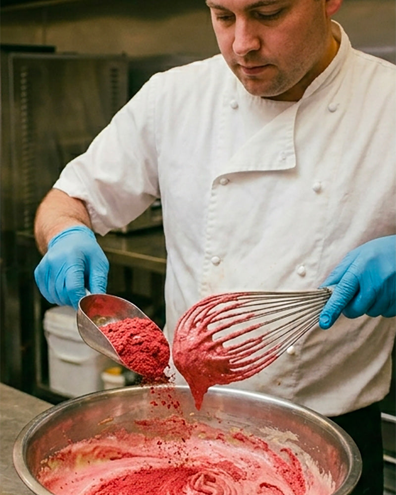 Chef mixing red strawberry powder into a large bowl of white mixture with a whisk.