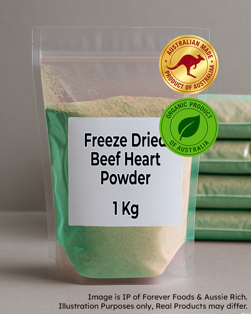 Package of freeze-dried beef heart powder with Australian Made and Organic Product of Australia labels.