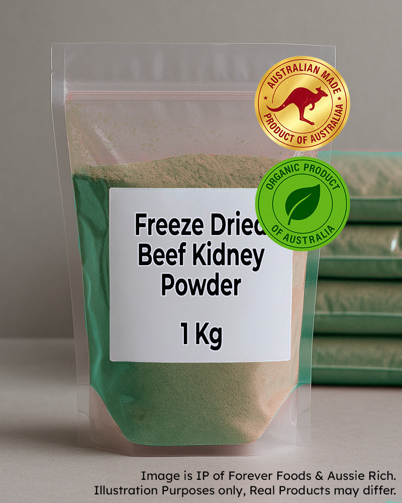Package of freeze-dried beef kidney powder with Australian Made and Organic Product of Australia labels.