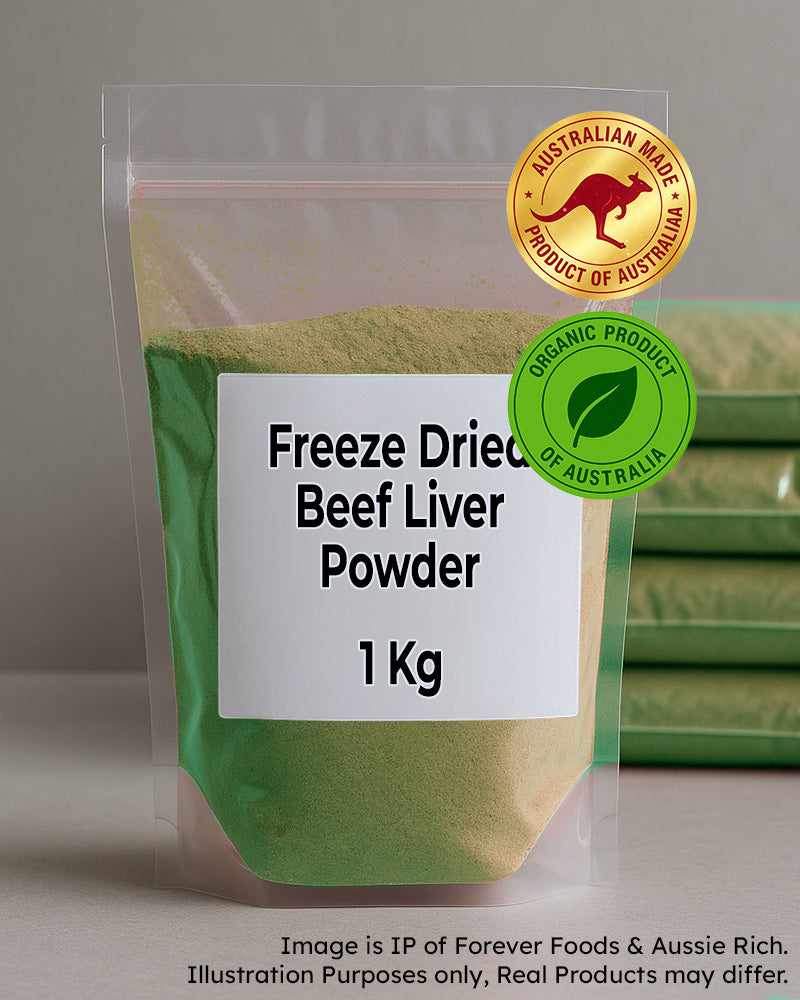 Packaging of freeze-dried beef liver powder with an organic and Australian Made label.