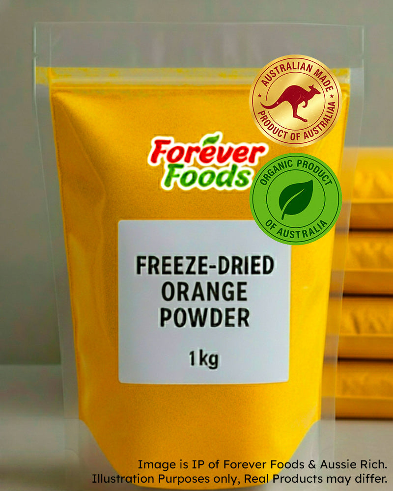 Bulk bag of freeze dried Orange powder with a green organic lable and Australian Made Logo stickers