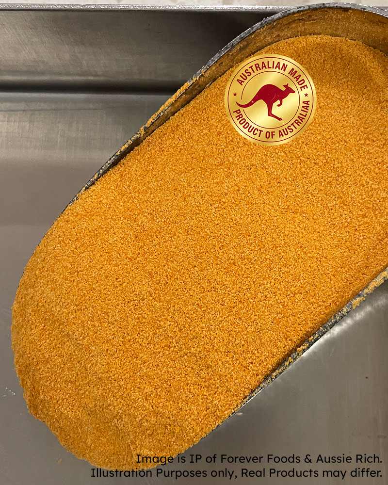 A close-up of a large oval container filled with fine Apricot Powder, on a metallic surface. A circular 'Australian Made Product of Australia' kangaroo logo is printed on the container, and a disclaimer watermark is visible at the bottom.