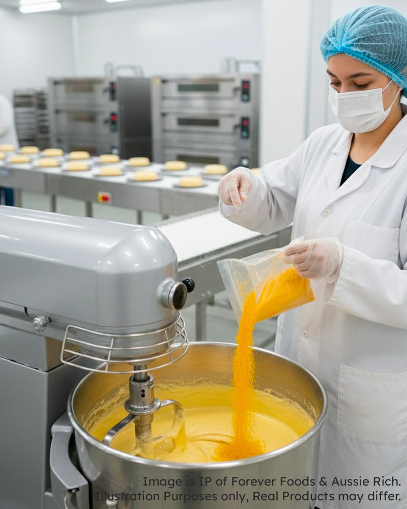 Person in a food processing facility pouring freeze dried mango into a mixer.