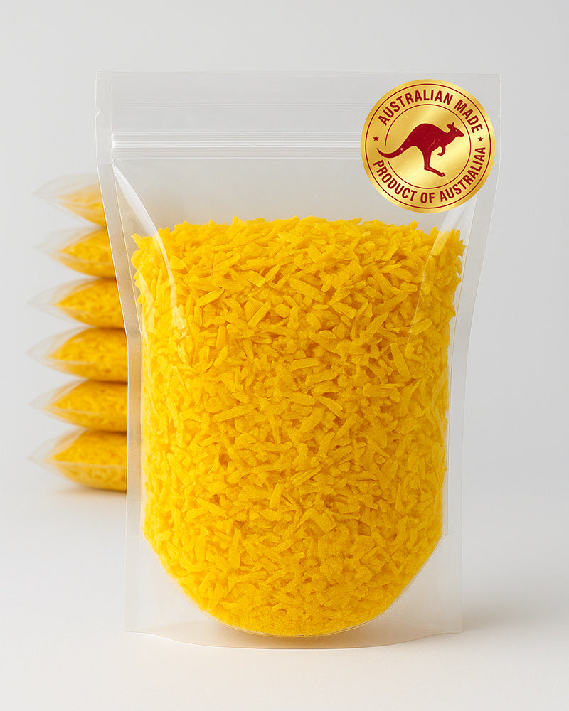 Freeze Dried Pumpkin in a Clear plastic bag filled with yellow products with an 'Australian Made' logo on a white background