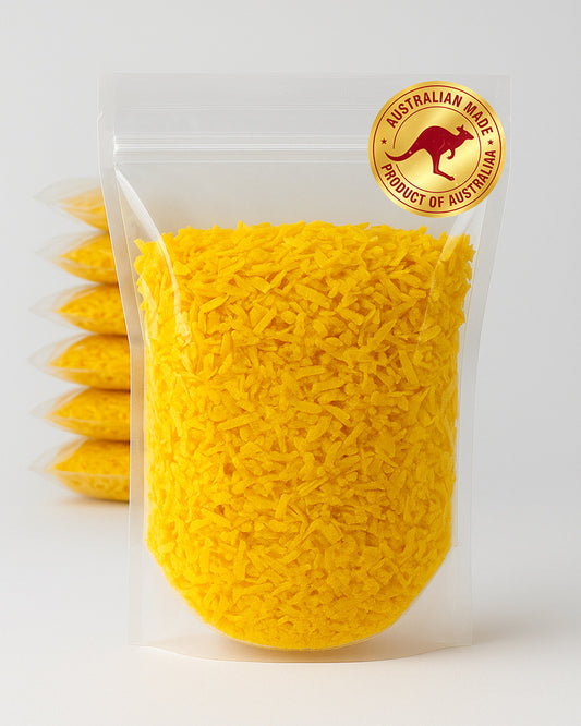Freeze Dried Pumpkin in a Clear plastic bag filled with yellow products with an 'Australian Made' logo on a white background