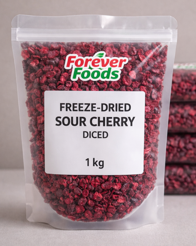 Bulk bag of 1 kg of freeze-dried sour cherry diced by Forever Foods in Australia