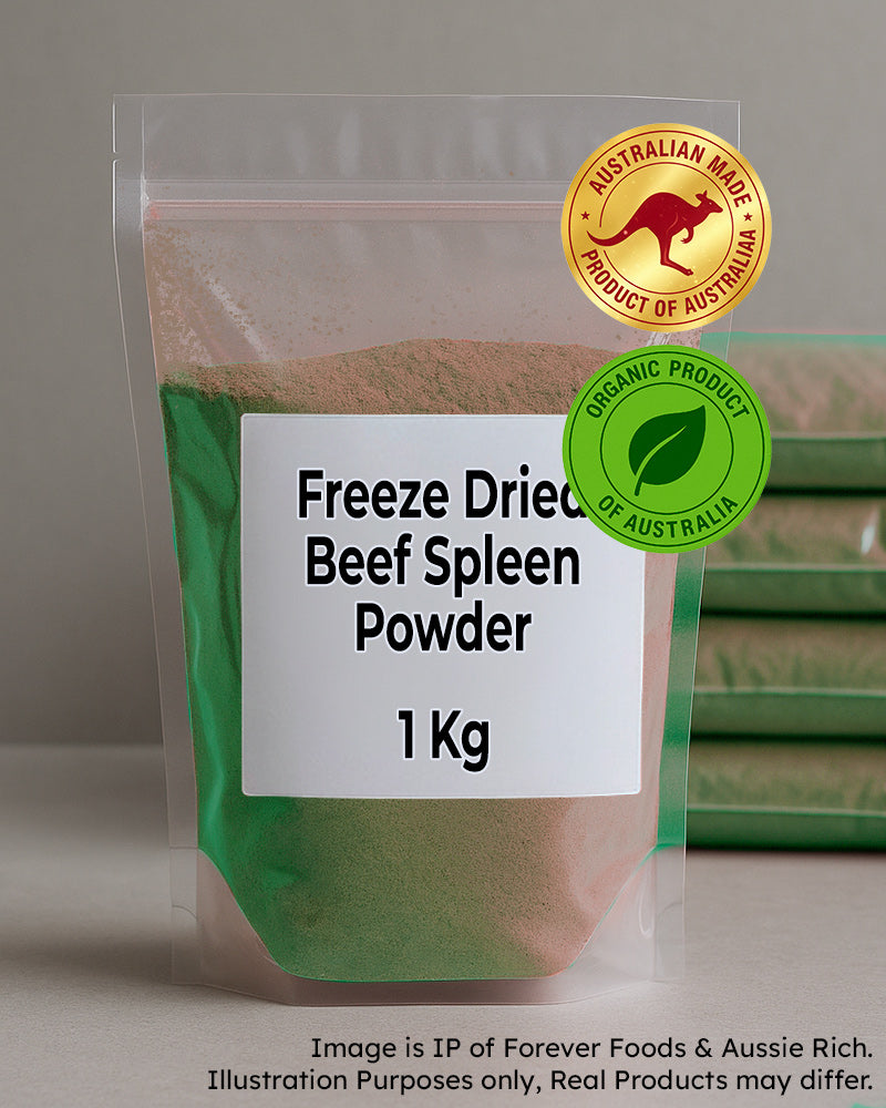 bulk package of freeze-dried beef spleen powder with Australian origin labels.