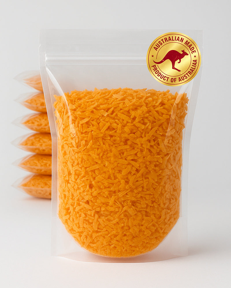 Freeze Dried Sweet Potato in a Clear plastic bag filled with orange products and an Australian Made logo on a white background